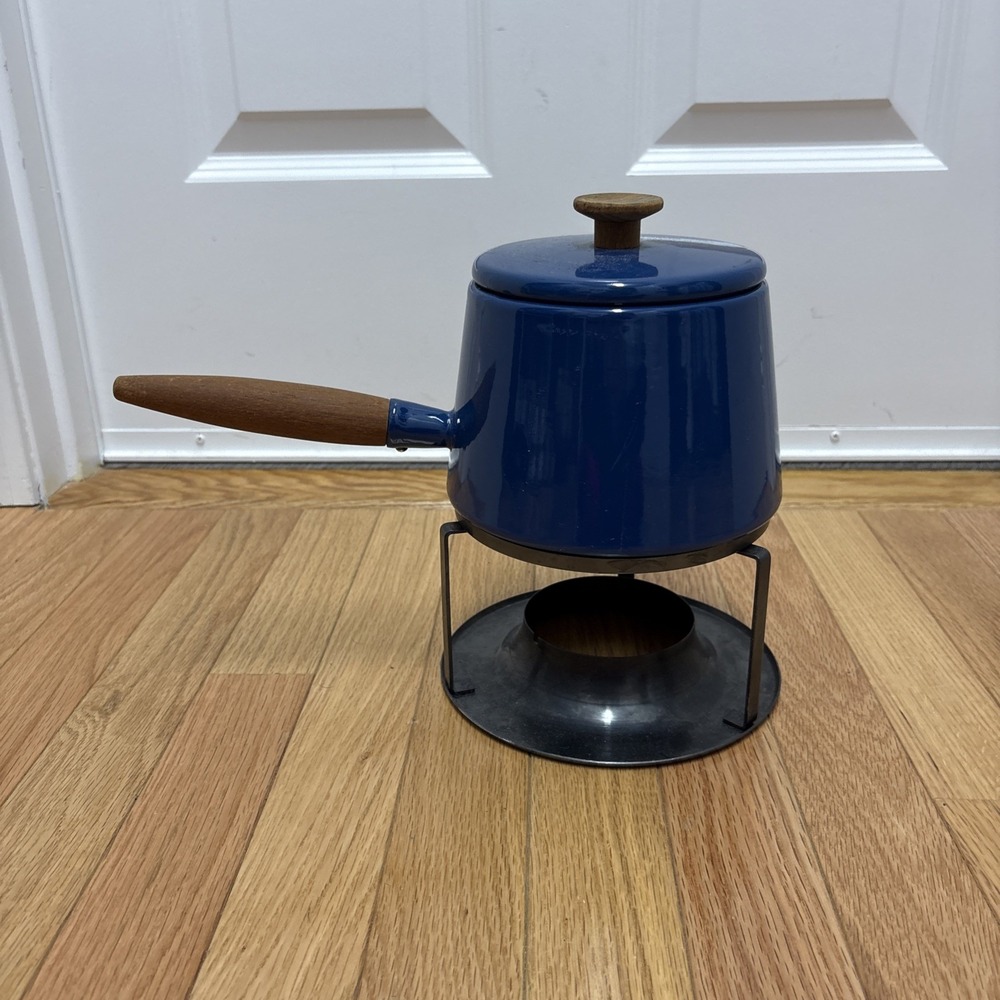 MCM Copco Michael LAX Design Holland Blue Enamel Fondue Pot‎ Wood Handle Vintage